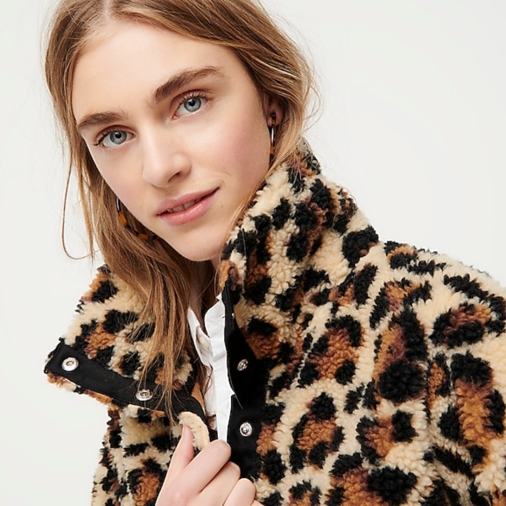 NWT J. Crew Snap-Collar Sherpa Sweatshirt Leopard - Picture 3 of 10